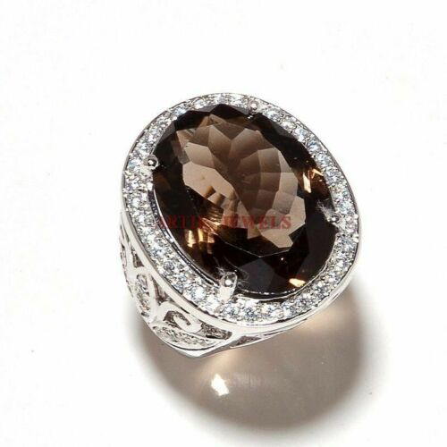 Natural Smoky Quartz Gemstone With 14K White Gold Plated Silver Men's Ring #3071 - Picture 1 of 13
