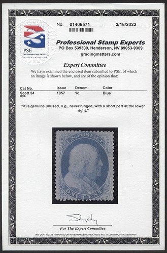 U.S. #24 CHOICE Mint NH w/ Cert - 1c Blue - Picture 2 of 2