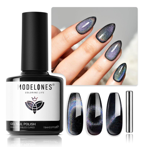 Cat Eye Gel Nail Polish, 15 ML Rainbow Glitter Holographic Cat Eye Gel Polish wi