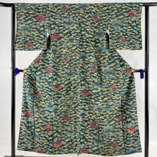 Woman Japanese Kimono Komon Silk Plants Chirimen Deep Green
