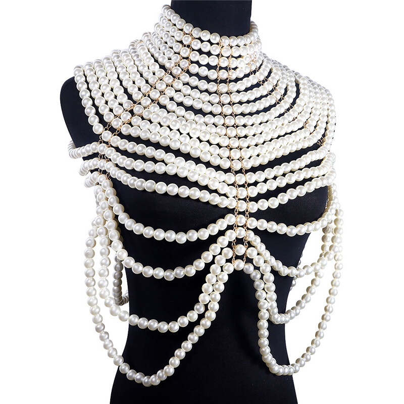Luxury Pearl Body Chain Harness Necklace Choker Long