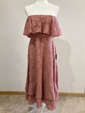 NWT Lulus Pink Rose Burnout Floral Strapless A-Line Midi Dress Medium