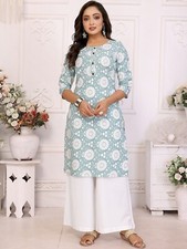 Indian Women Sea Green Cotton Ethnic Motifs Printed Kurta Kurti Top Tunic Dress