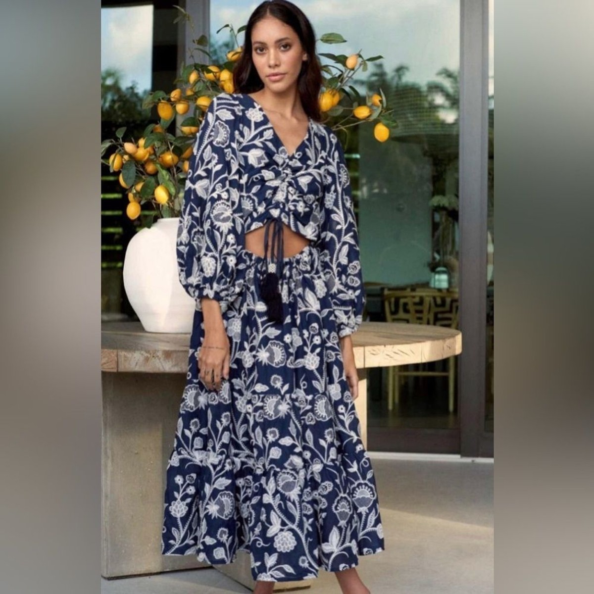 knee length dresses for ladies Puff Sleeve Floral Embroidered Midi Dress Navy – Broadway in Stanley main image 0