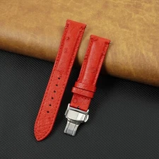 22mm Red Ostrich Leather Men Watch Band Quick Release Silver Deployment Buckle