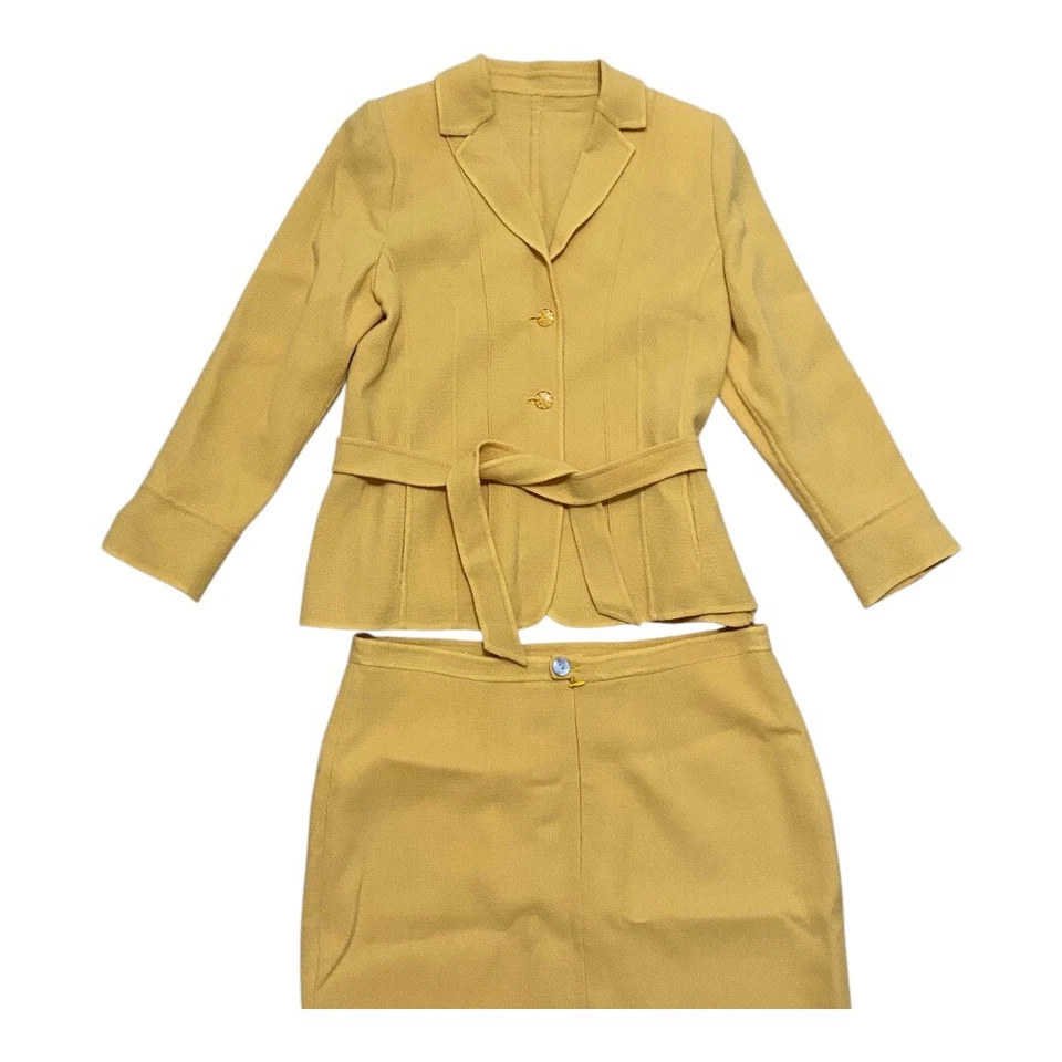 Vtg Mid Century Italian Wool Womans Yellow 2 Piece Skirt Suit Bakelite Button XL - Image 2 of 4