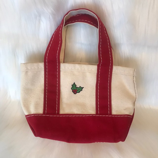LL Bean Boat Tote Bag Small Mini Ivory Red Canvas Holly Christmas