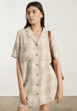 Everlane Linen Workwear Plaid Button Midi Dress Small Beige Cream Summer Euro