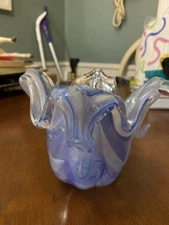 Lavorazione Arte Murano Art Glass Votive Candle Holder Vase Dish Blue Swirl