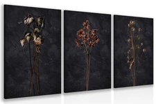 3Pcs Dark Floral Canvas Wall Art Moody Dried Wildflower Posters, Nature Wilde...