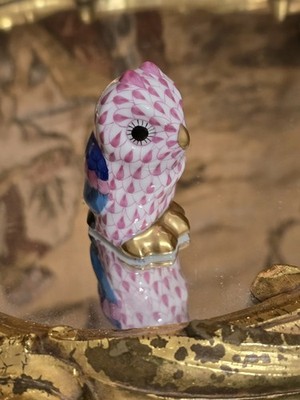 Herend Mini 1.75 in Owl RARE PINK Fishnet 24k Gold Accents - Handpainted