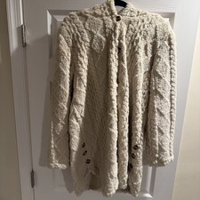 Womens Cream Sherpa Teddy Hooded Button Front Coat Jacket Size M Cozy Fleece