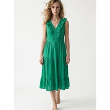 J Crew Kelly Green Ruffled Tiered V-Neck Sleeveless Smocked Women 16 Midi Dress