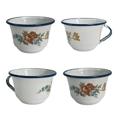 (4) Cinsa Enamelware Enamel Vintage Metal Flower Floral Tea Cups Coffee Mugs
