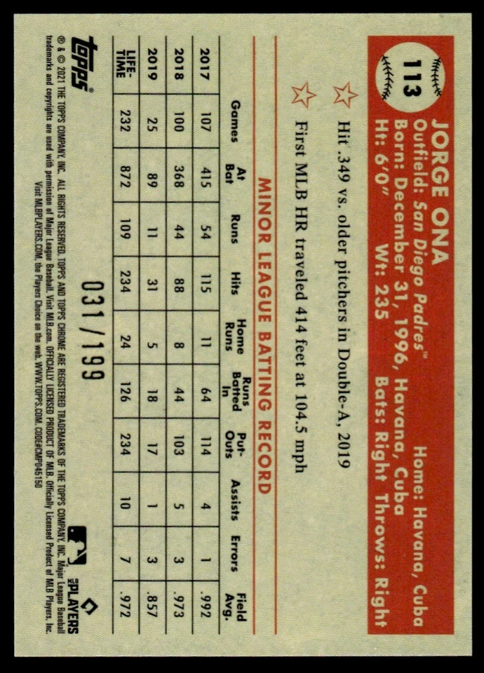 2021 Topps Chrome Platinum Anniversary BLUE DIAMOND Jorge Ona /199 San Diego - Image 2 of 2