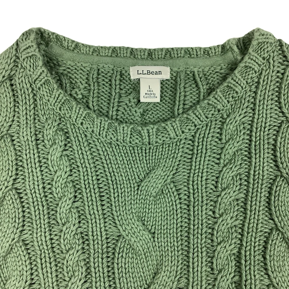 Suéter LL Bean Mujer L Alto Tejido con Cable Verde Claro Algodón Cuello Redondo Manga Larga Foto 2 de 4