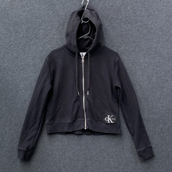 Calvin Klein Womens Size XS Full Zip Cropped Hoodie Sweatshirt Black Drawstring