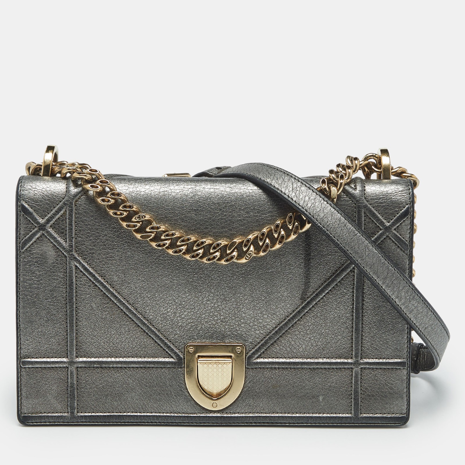 Dior Diorama Medium Flap Bag in Metallic Grey Leather