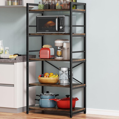 Denkee 5-Tier Bakers Rack for Kitchen with Storage, Industrial Microwave Stand S