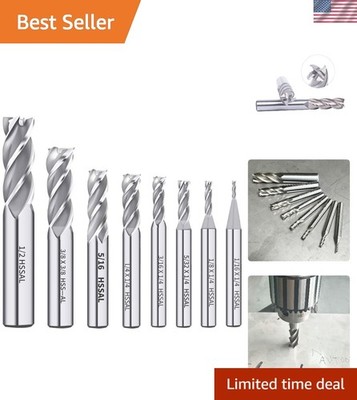 Set of 8 HSS 4 Flute End Mill Cutters - Precision Cutting Tools for Metalwork