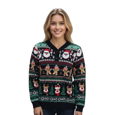 Girls Christmas Sweater Size 10T Black Knit Santa Reindeer Pullover Holiday