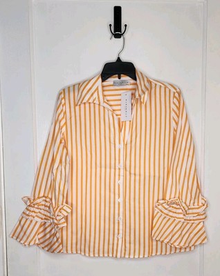 NWT Harshman Ruffle Sleeve Selina Button Down Blouse Marigold Stripes Sz Medium