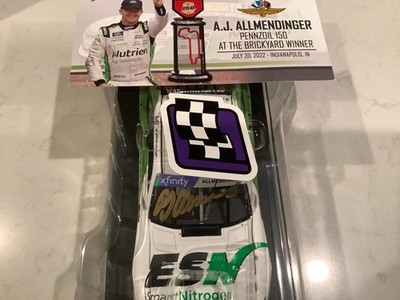 AJ ALLMENDINGER AUTOGRAPHED 2022 CHEVY ESN NUTRIEN INDY RACE WIN DIECAST & CARD