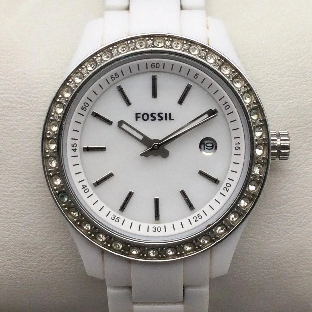 FOSSIL Women\'s WHITE CHRONO CRYSTAL RESIN WATCH - Needs New Batte- Model ES-2791 Fossil Stella Resin Band Wristwatches for sale | eBay main image 4