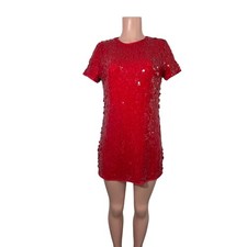 NWT LOFT Red Sequin Floral Shift Mini Dress Short Sleeve Petite Small SP 779416