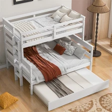 Twin Over Full Size Wood Bunk Bed with Twin Size Trundle for Adults Kids,White
