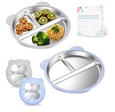 Stainless Steel Kids Plate with Suction Set of 2, 9  Toddler Divided Plates