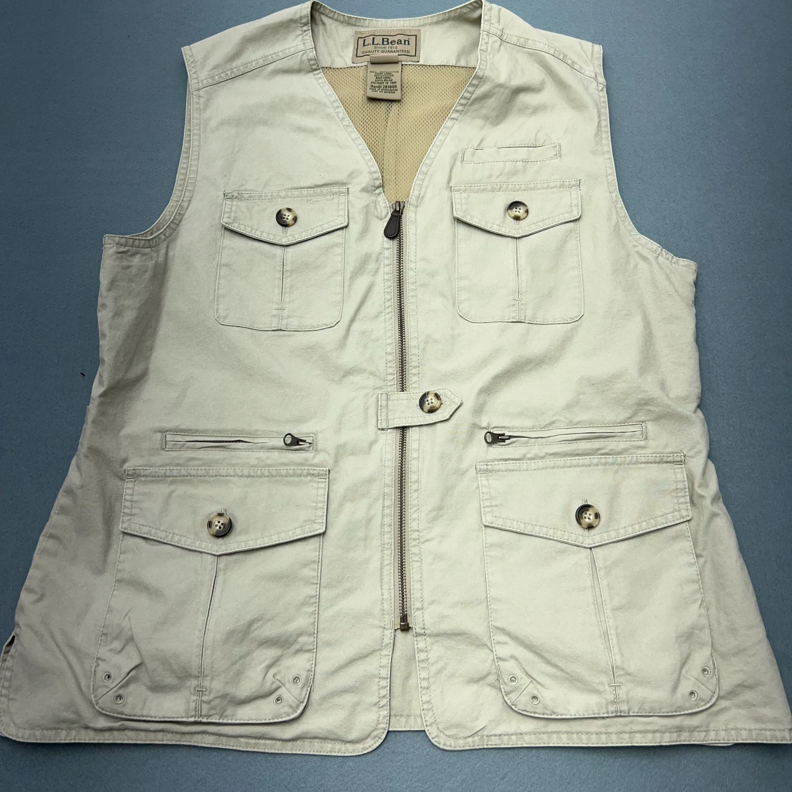 LL Bean Vest Mens LARGE Fishing Safari Tactical Outdoor Full Zip Vented Beige