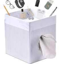 White Natural Marble Textures Striped Square Tissue Box Cover with Storage Tr...