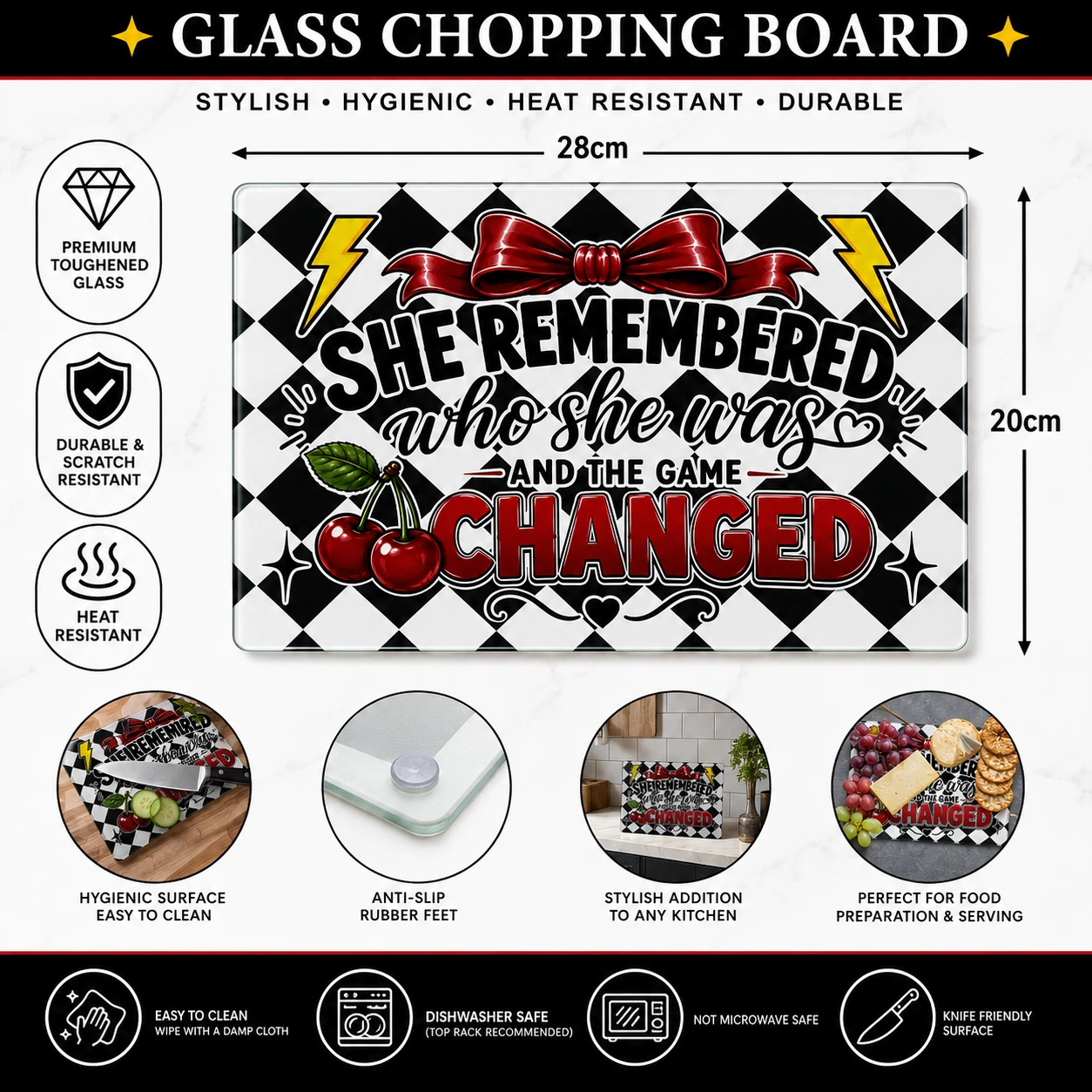 Cherry Retro Kitchen Checker Decor Chopping Board Housewarming Gift