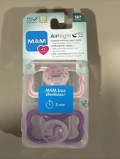 MAM Air Night Pacifiers 2 pack, Skin Soft Silicone Pacifiers 16+ Mths Sealed NEW