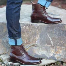 Handmade Dark Brown Leather Formal Ankle Lace Up Chukka Biker Boots For Mens
