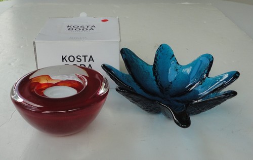 2 Modern Glass Blenko Blue Texture Lotus Bowl Kosta Boda Sweden Red Atoll Votive - Imagen 2 de 12