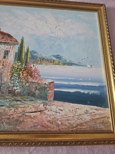 Pintura de colección al óleo paisaje arquitectura borde mar enmarcado-sin vidrio arte decoración - Imagen 5 de 8