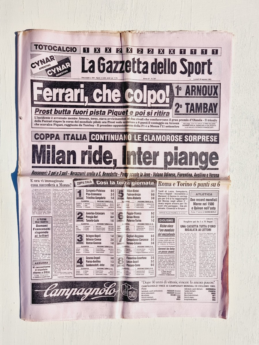 Gazzetta Dello Sport 1er Mai 1983 – Arnoux Ferrari – Juventus – Original