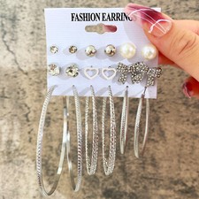 9 pairs Women Silver Hoop Dainty Rhinestone Pearl Heart Bow Stud Earrings set