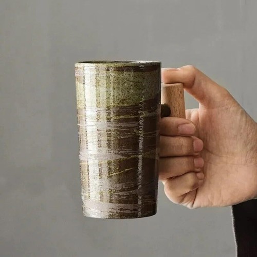 Nordic Earth Mugs, Japanese-style Vintage Ceramic Coffee Mug with Wood Handle - Picture 5 of 11