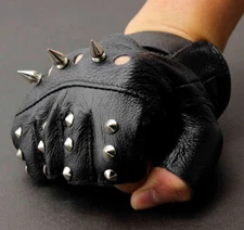 Men's Leather Metal Stud Biker Punk Rocker Driving Motorcycle Fingerless Gloves