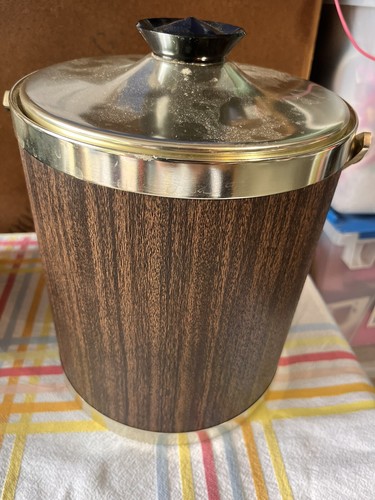 Vintage Kromex Faux Wood Grain Chrome Insulated Ice Bucket 11" Barware MCM USA - Picture 2 of 16