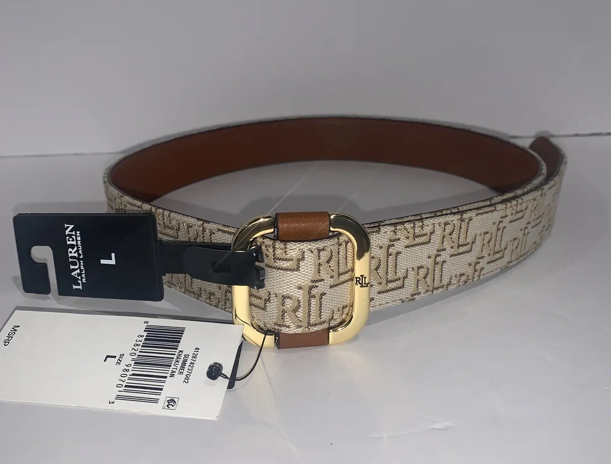 Lauren Ralph Lauren Women\'s Logo Jacquard Slide-Buckle Belt Khaki/Tan Sz L NWT 873341s.jpg main image 3