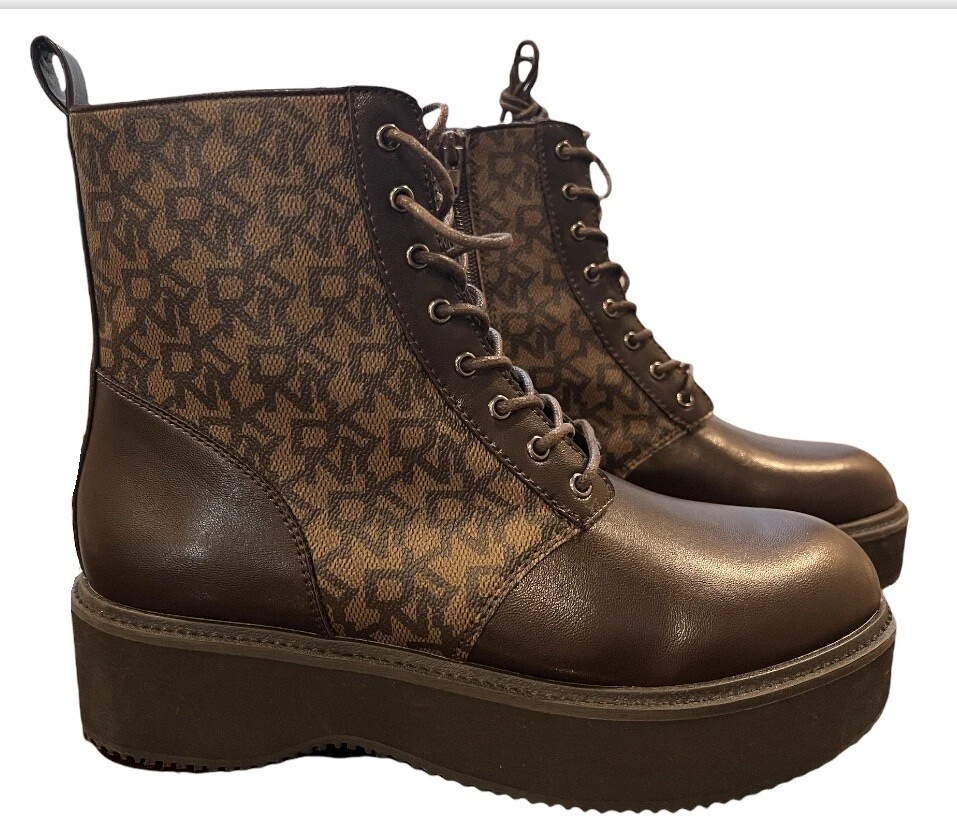 DKNY Roselyn Ankle Lace Up Signature Block Combat Faux Leather Boots Shoes 10 41