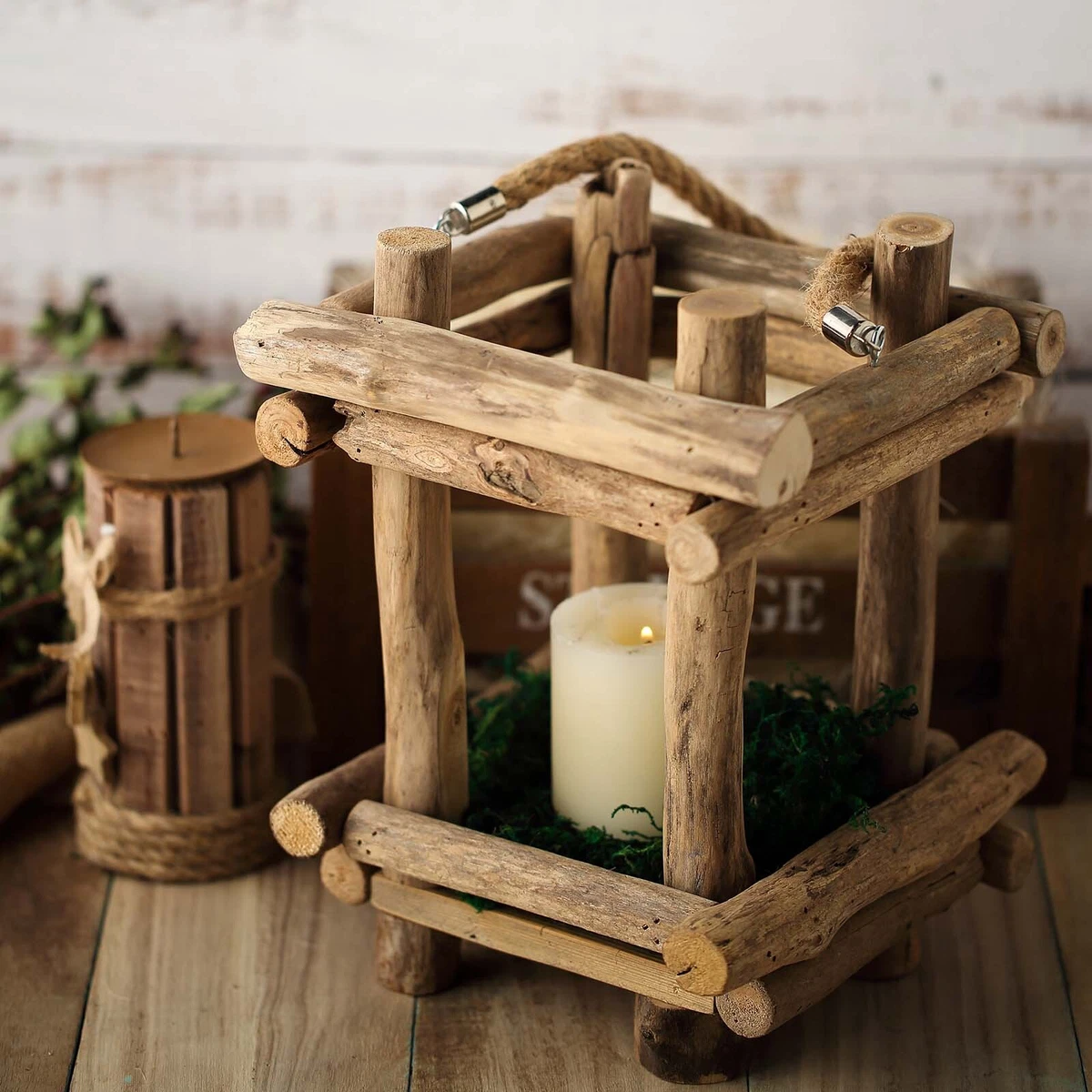 NATURAL 12 tall Wood Candle Holder with Rope Handle Rustic Lantern Wedding  Sale