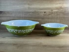 VINTAGE-Stunning-Set of 2 Pyrex-“Crazy Daisy”-Green Milk Glass- Mixing Bowls.