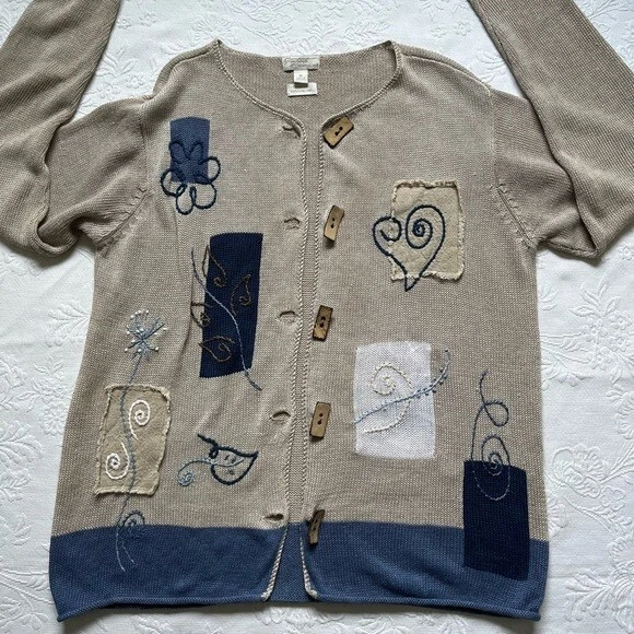 Cárdigan suéter bordado tejido lino retratos de Northern Isles vintage talla M Foto 2 de 4