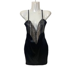 Women's Stylish Fashion Nova V-Neck Rhinestone Fringe Mini Dress Black Size S