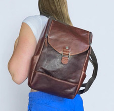 Women's Brown Striped Rectangle Backpack Buckle Flap Zip Top Adj Straps